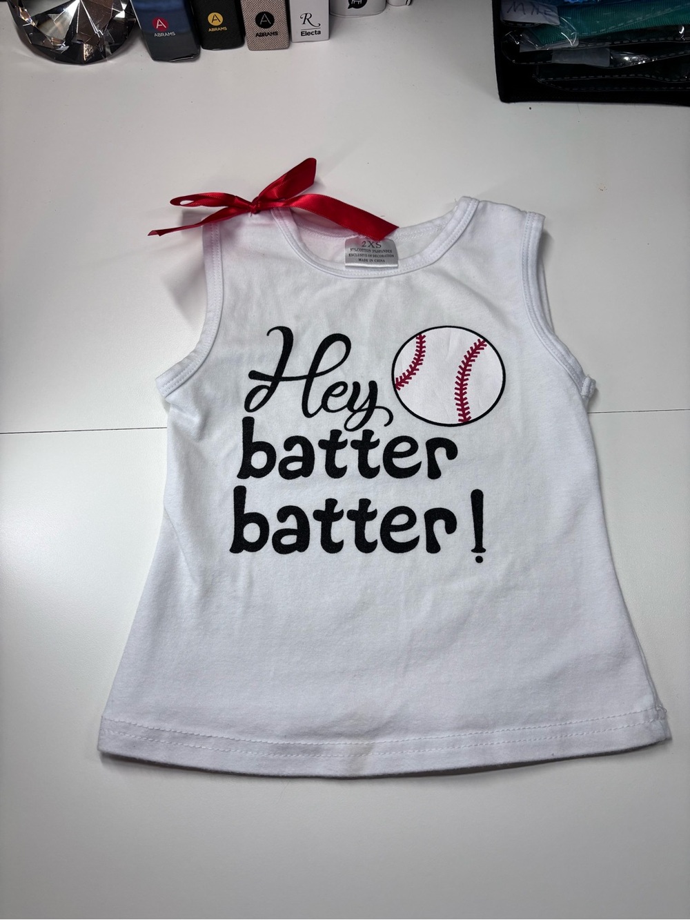 Game Day 'Hey Batter Batter!' Baseball Tank, Red Satin Ribbon Girls Size 2 (XS)